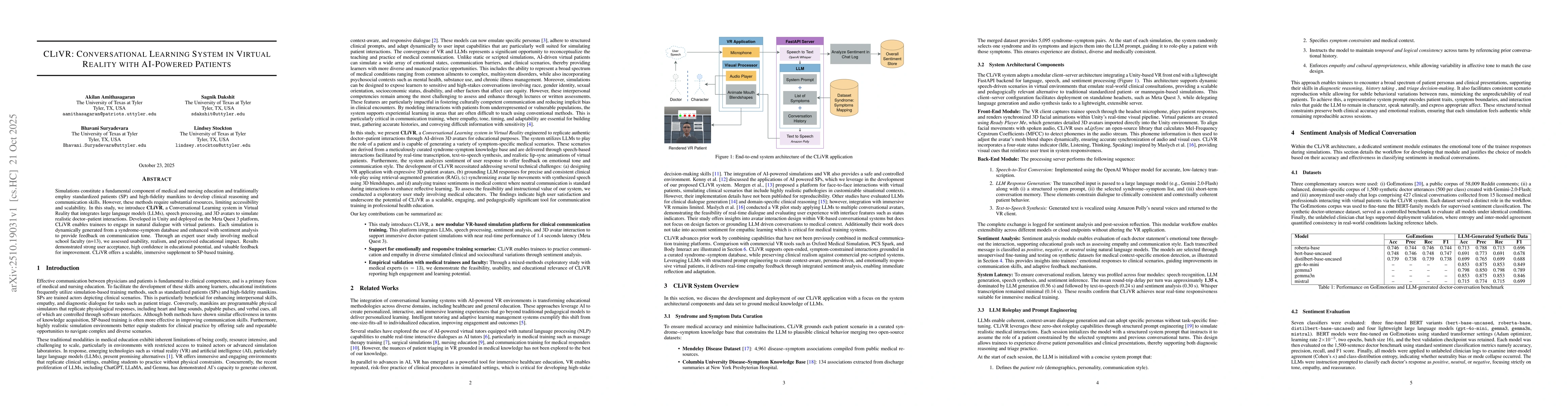 Thumbnail for CLiVR: Conversational Learning System in Virtual Reality with AI-Powered
  Patients