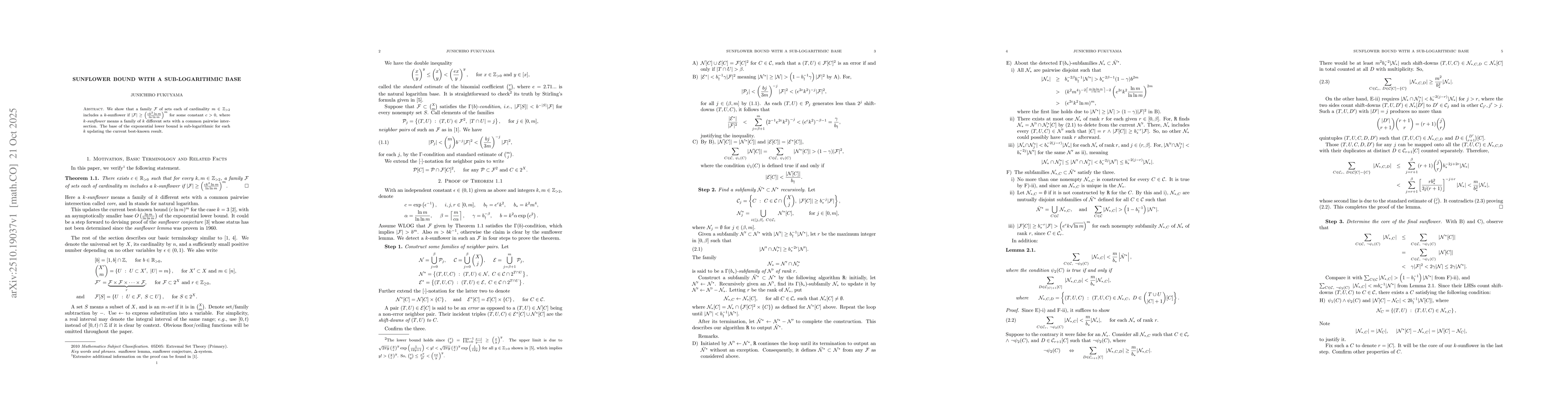 Thumbnail for Sunflower Bound with a Sub-Logarithmic Base