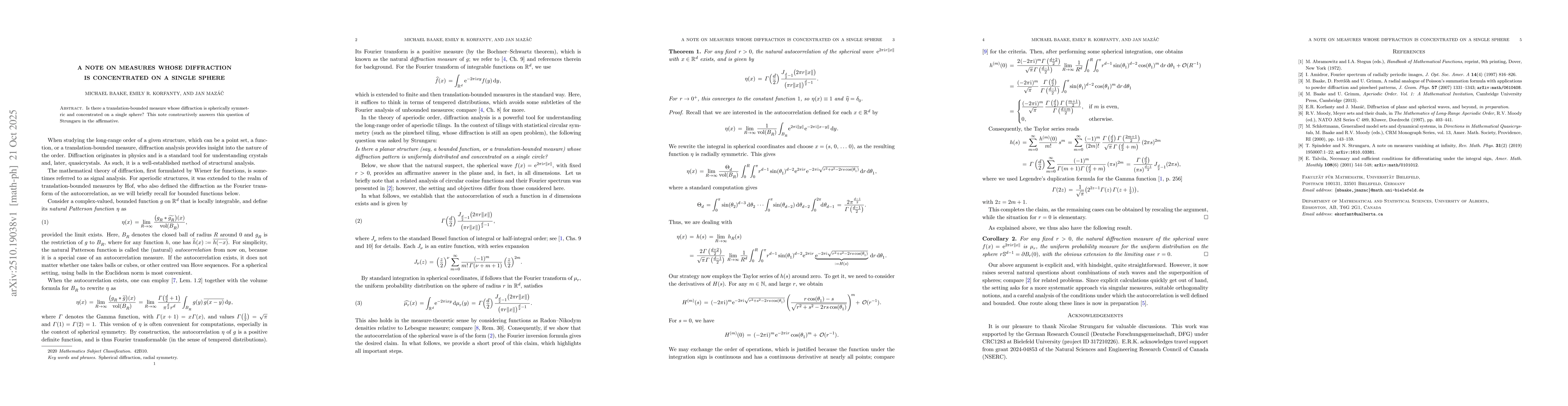 Thumbnail for A note on measures whose diffraction is concentrated on a single sphere