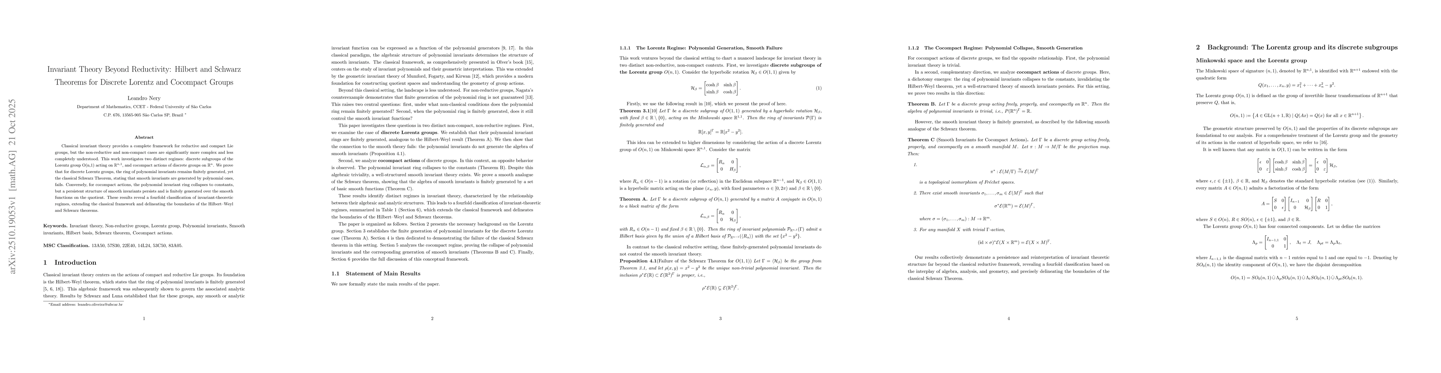 Thumbnail for Invariant Theory Beyond Reductivity: Hilbert and Schwarz Theorems for
  Discrete Lorentz and Cocompact Groups