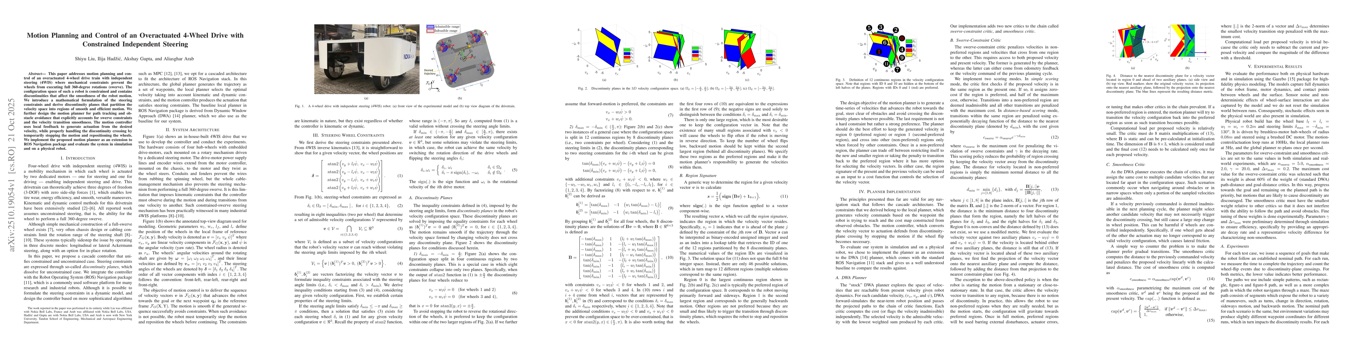 Thumbnail for Motion Planning and Control of an Overactuated 4-Wheel Drive with
  Constrained Independent Steering