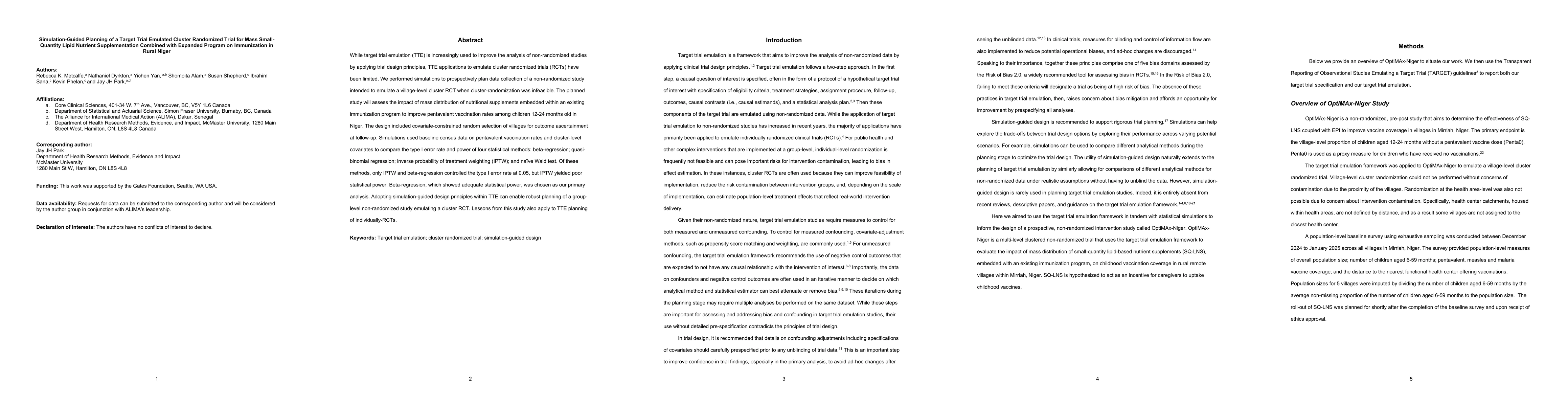 Thumbnail for Simulation-Guided Planning of a Target Trial Emulated Cluster Randomized
  Trial for Mass Small-Quantity Lipid Nutrient Supplementation Combined with
  Expanded Program on Immunization in Rural Niger