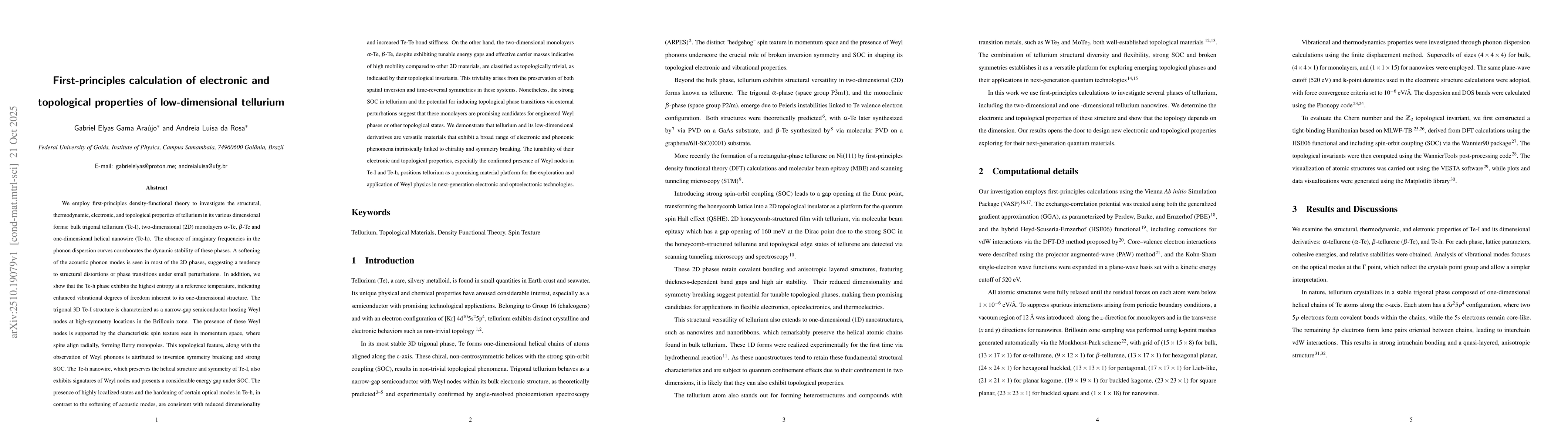 Thumbnail for First-principles calculation of electronic and topological properties of
  low-dimensional tellurium