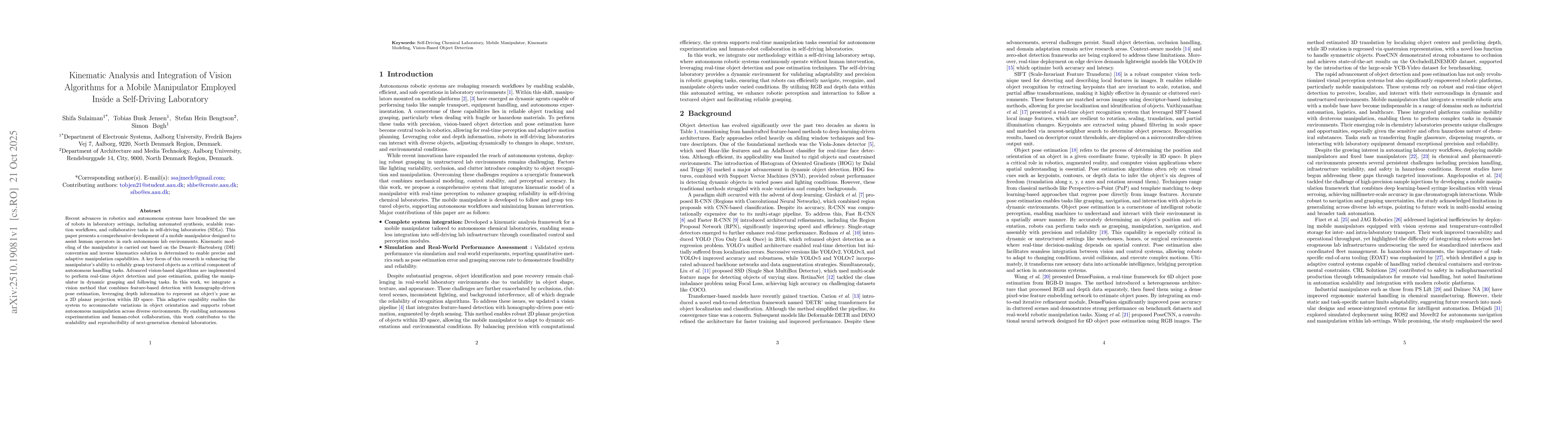 Thumbnail for Kinematic Analysis and Integration of Vision Algorithms for a Mobile
  Manipulator Employed Inside a Self-Driving Laboratory