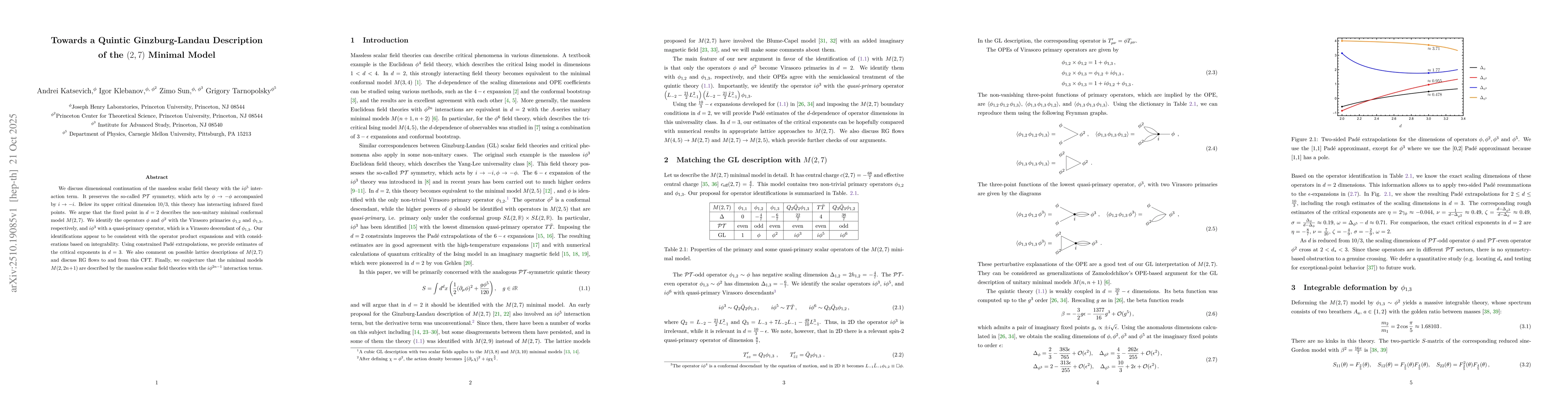Thumbnail for Towards a Quintic Ginzburg-Landau Description of the $(2,7)$ Minimal
  Model
