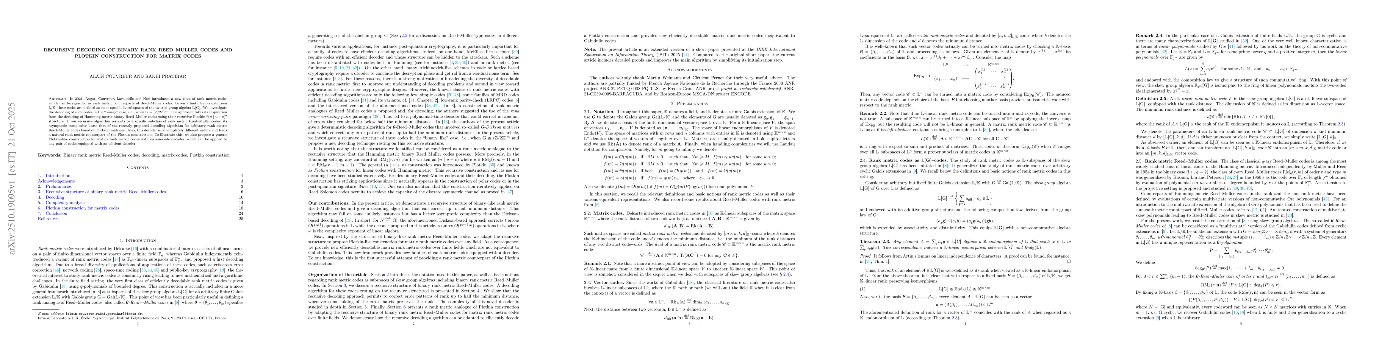 Thumbnail for Recursive decoding of binary rank Reed-Muller codes and Plotkin
  construction for matrix codes