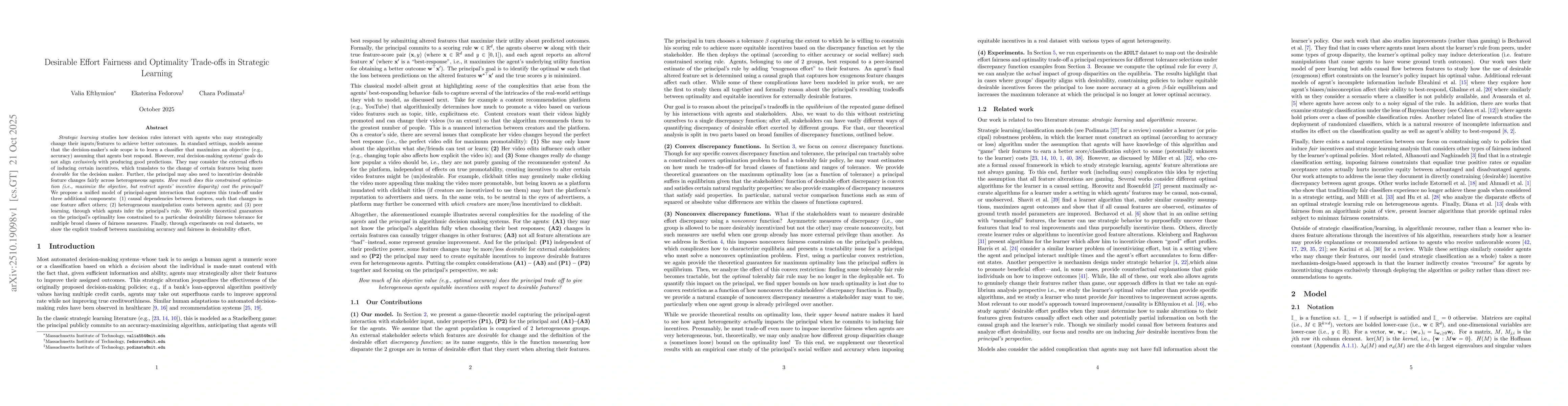 Thumbnail for Desirable Effort Fairness and Optimality Trade-offs in Strategic
  Learning