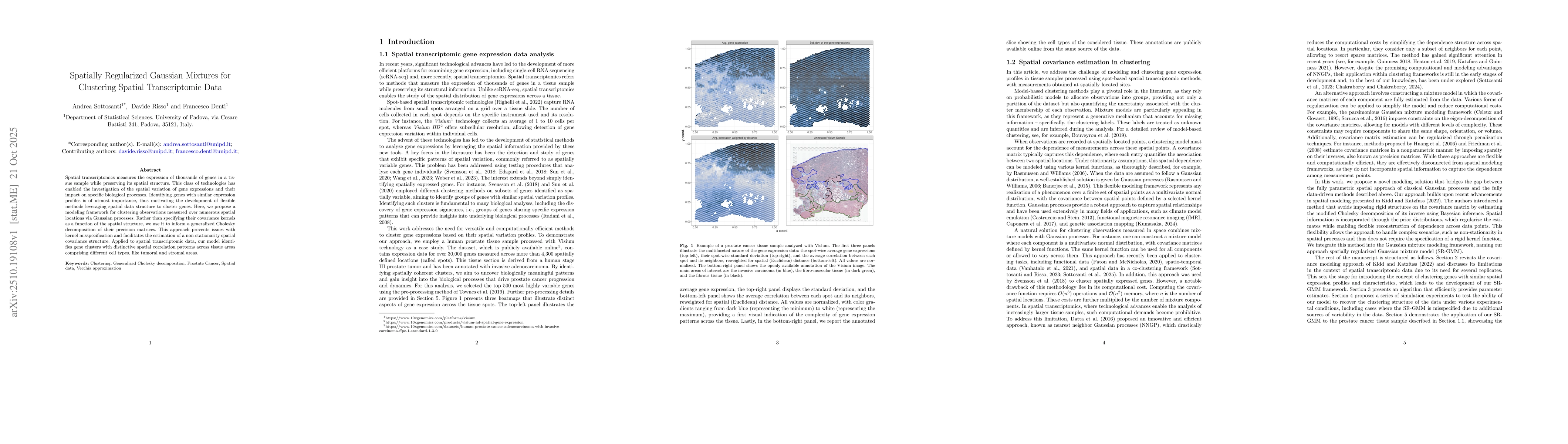 Thumbnail for Spatially Regularized Gaussian Mixtures for Clustering Spatial
  Transcriptomic Data
