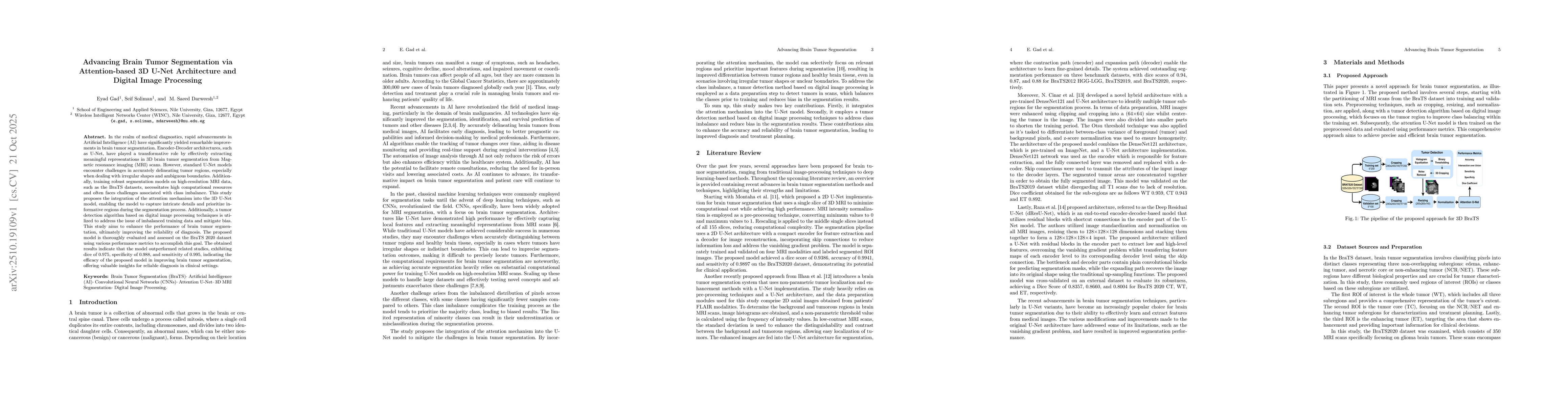 Thumbnail for Advancing Brain Tumor Segmentation via Attention-based 3D U-Net
  Architecture and Digital Image Processing