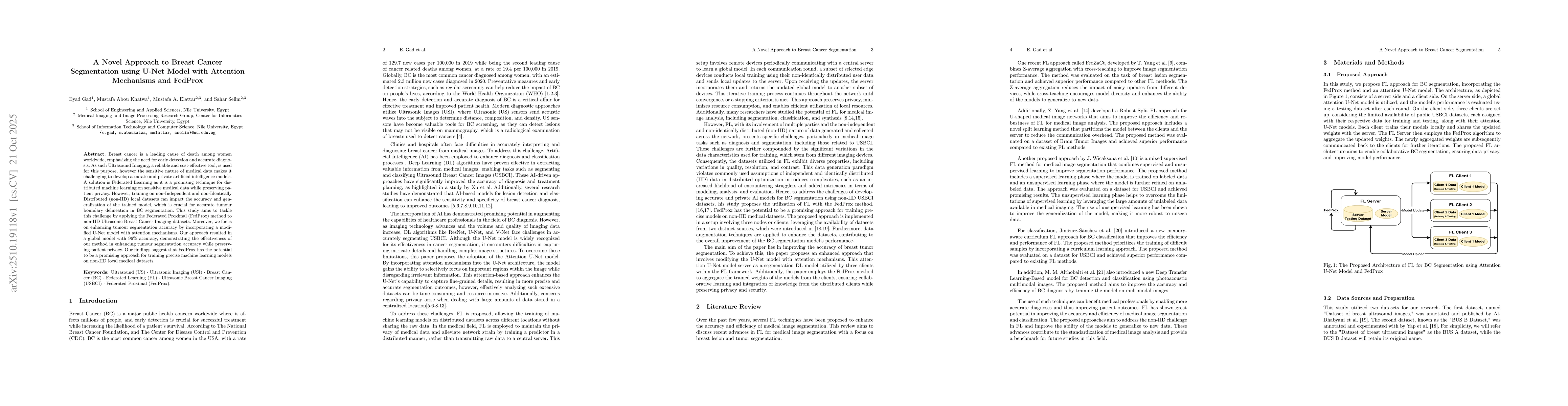 Thumbnail for A Novel Approach to Breast Cancer Segmentation using U-Net Model with
  Attention Mechanisms and FedProx