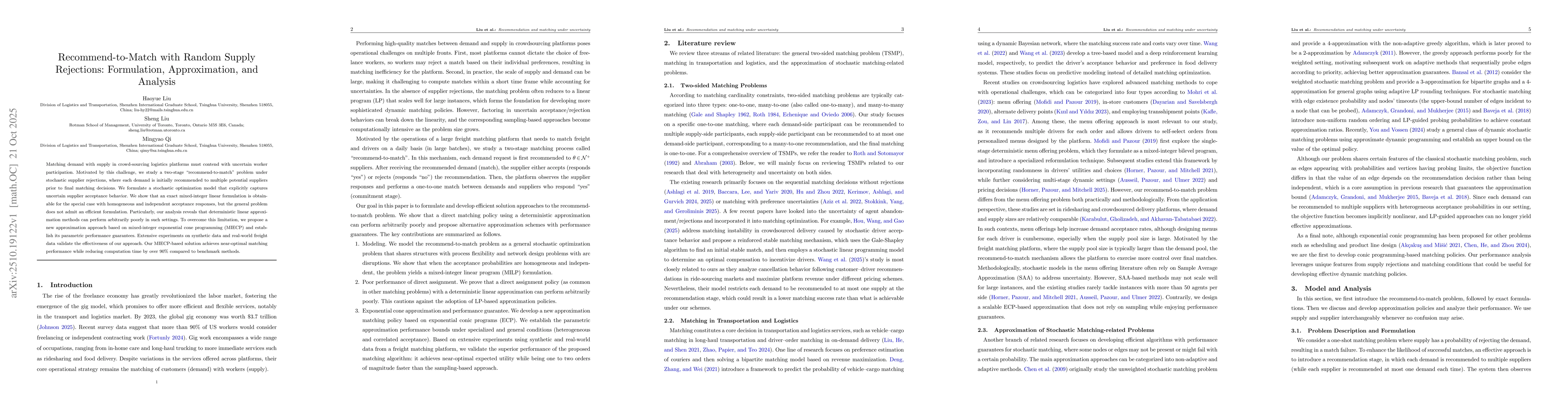 Thumbnail for Recommend-to-Match with Random Supply Rejections: Formulation,
  Approximation, and Analysis