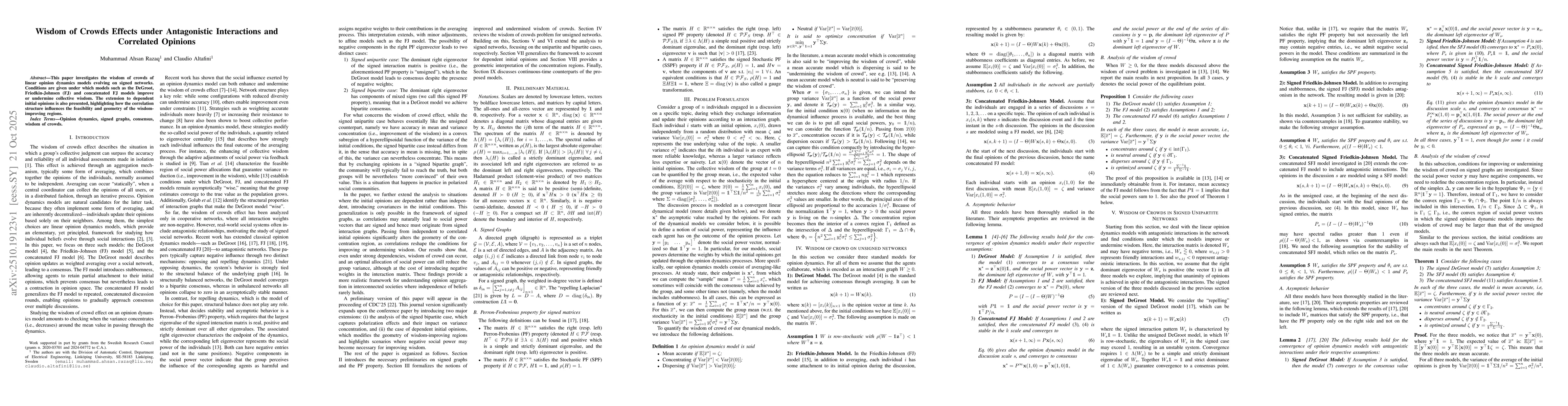 Thumbnail for Wisdom of Crowds Effects under Antagonistic Interactions and Correlated
  Opinions
