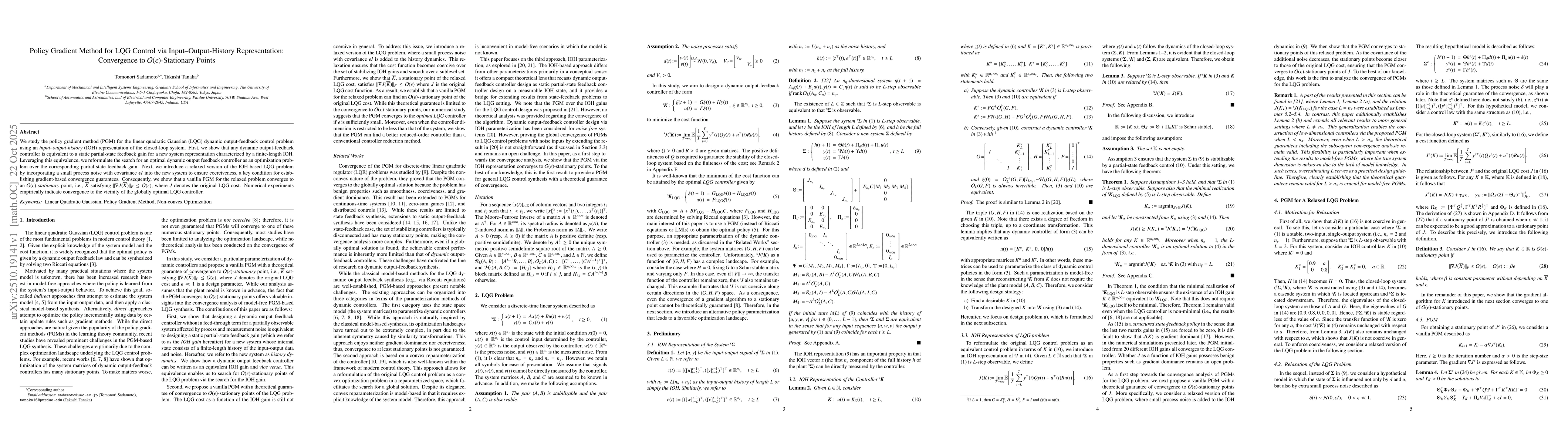 Thumbnail for Policy Gradient Method for LQG Control via Input-Output-History
  Representation: Convergence to $O(ε)$-Stationary Points