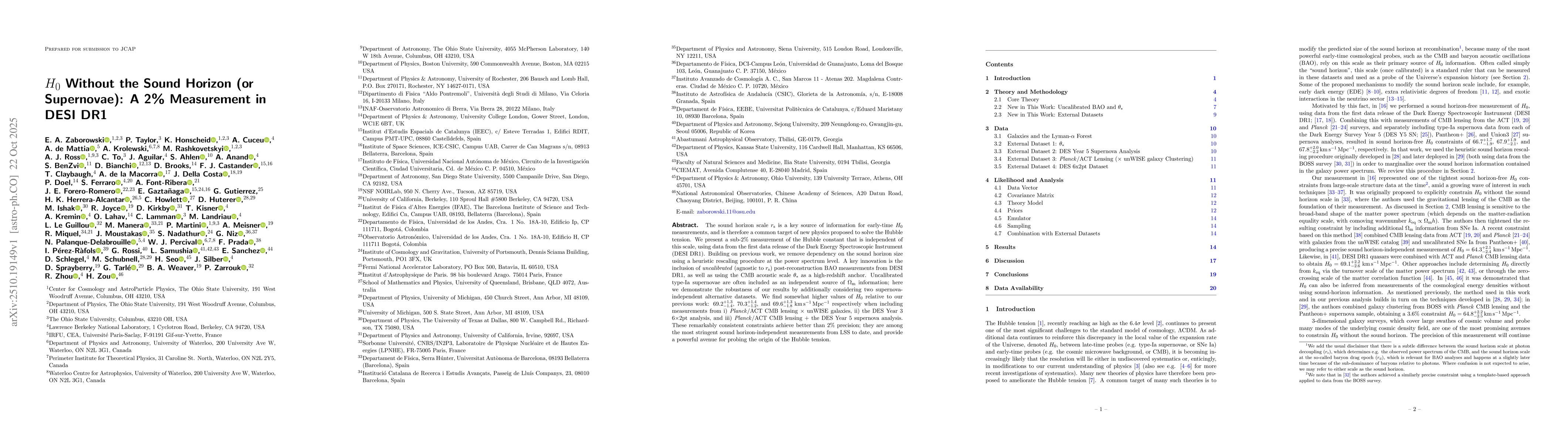 Thumbnail for $H_0$ Without the Sound Horizon (or Supernovae): A 2% Measurement in
  DESI DR1