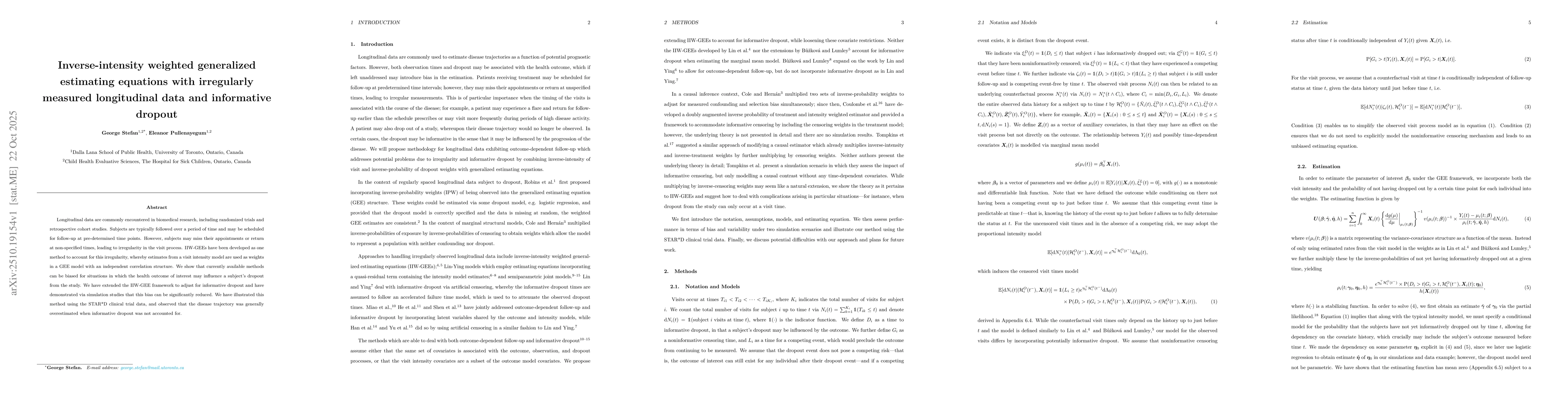 Thumbnail for Inverse-intensity weighted generalized estimating equations with
  irregularly measured longitudinal data and informative dropout