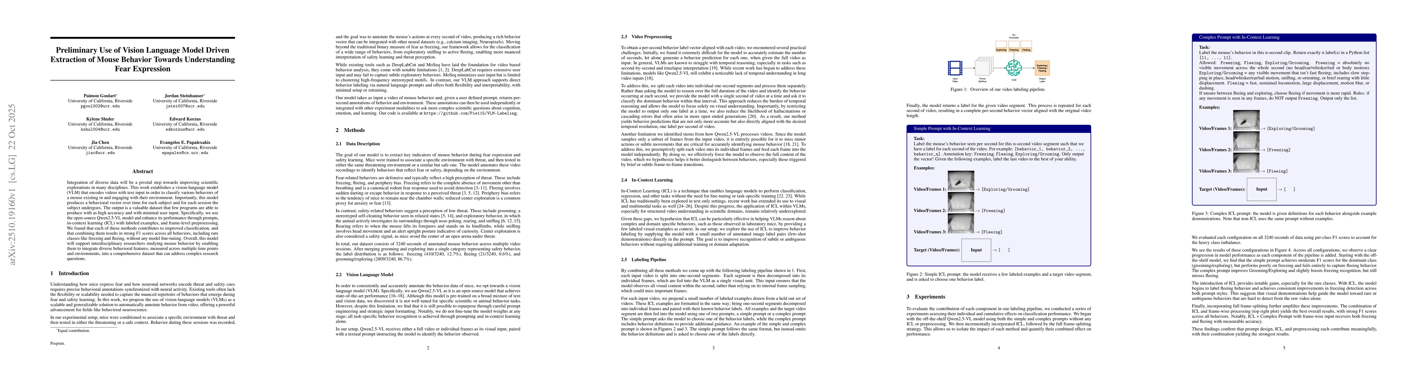 Thumbnail for Preliminary Use of Vision Language Model Driven Extraction of Mouse
  Behavior Towards Understanding Fear Expression