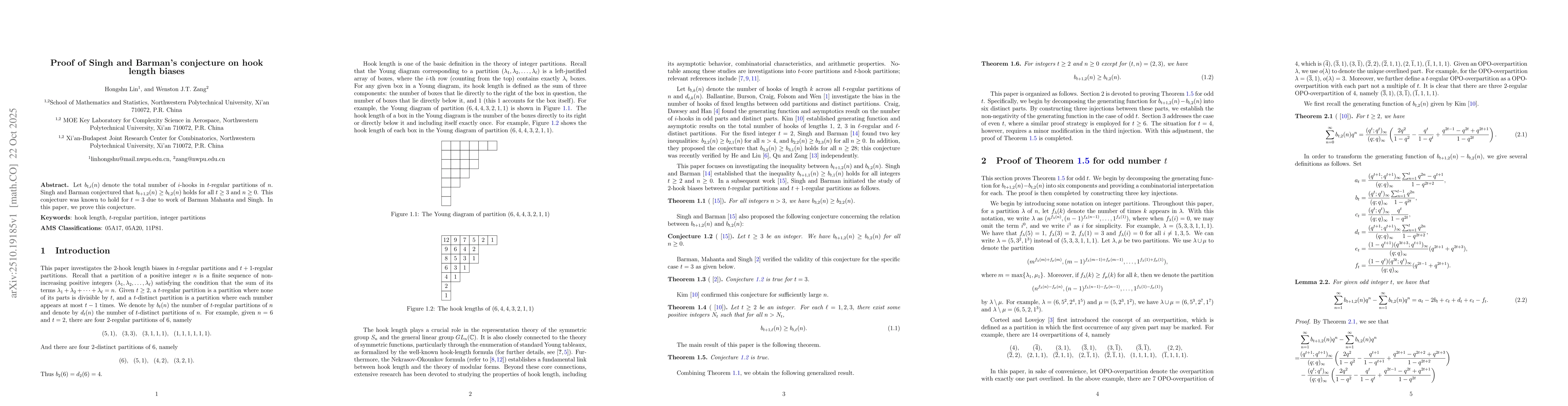 Thumbnail for Proof of Singh and Barman's conjecture on hook length biases