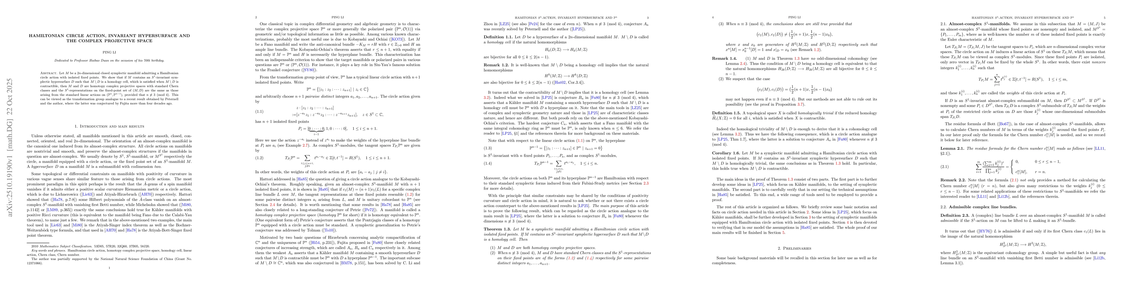 Thumbnail for Hamiltonian circle action, invariant hypersurface and the complex
  projective space