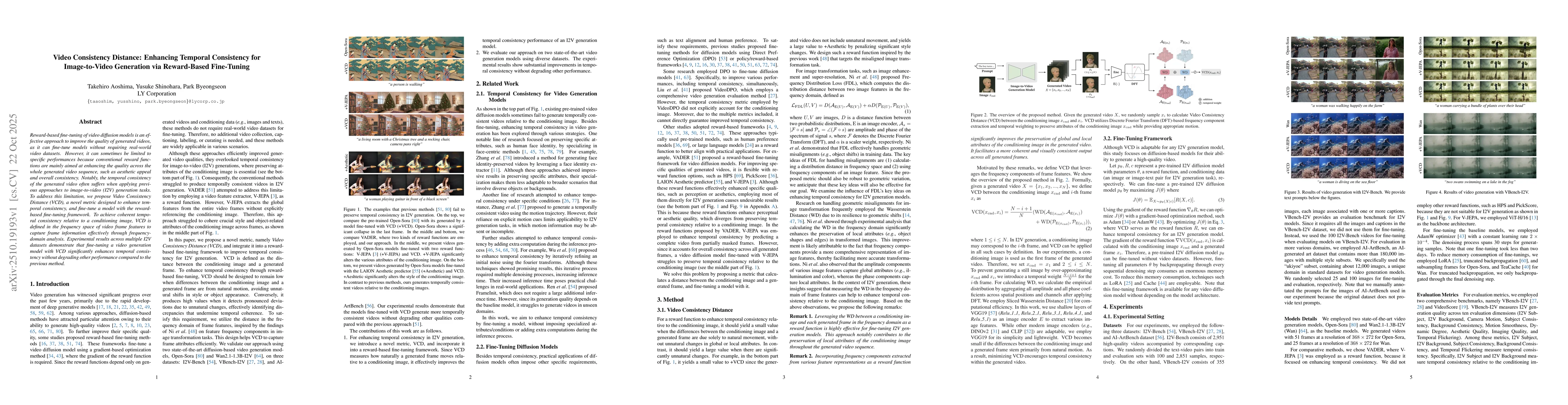 Thumbnail for Video Consistency Distance: Enhancing Temporal Consistency for
  Image-to-Video Generation via Reward-Based Fine-Tuning