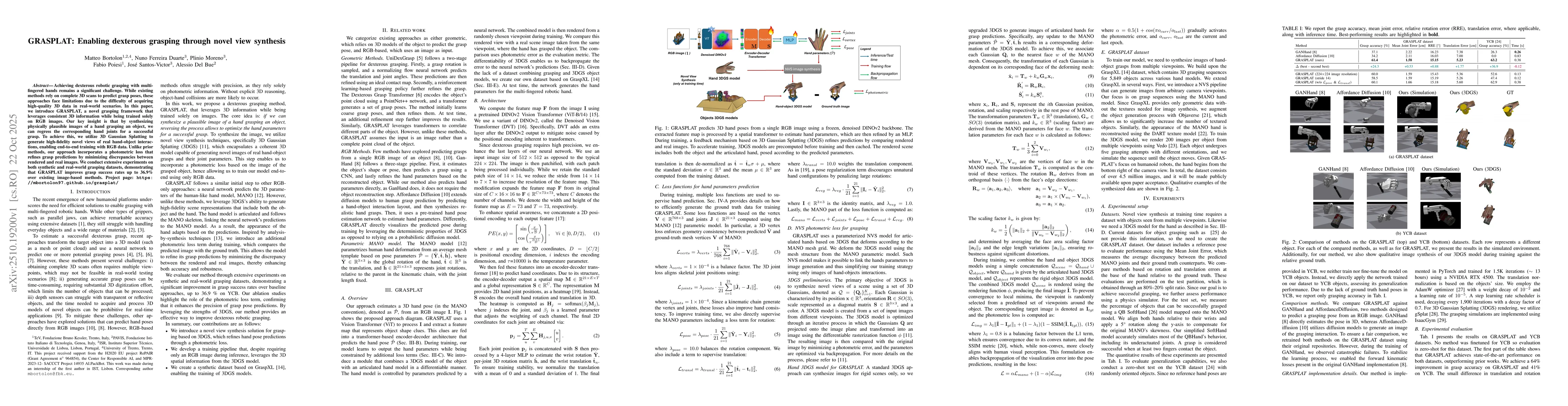 Thumbnail for GRASPLAT: Enabling dexterous grasping through novel view synthesis