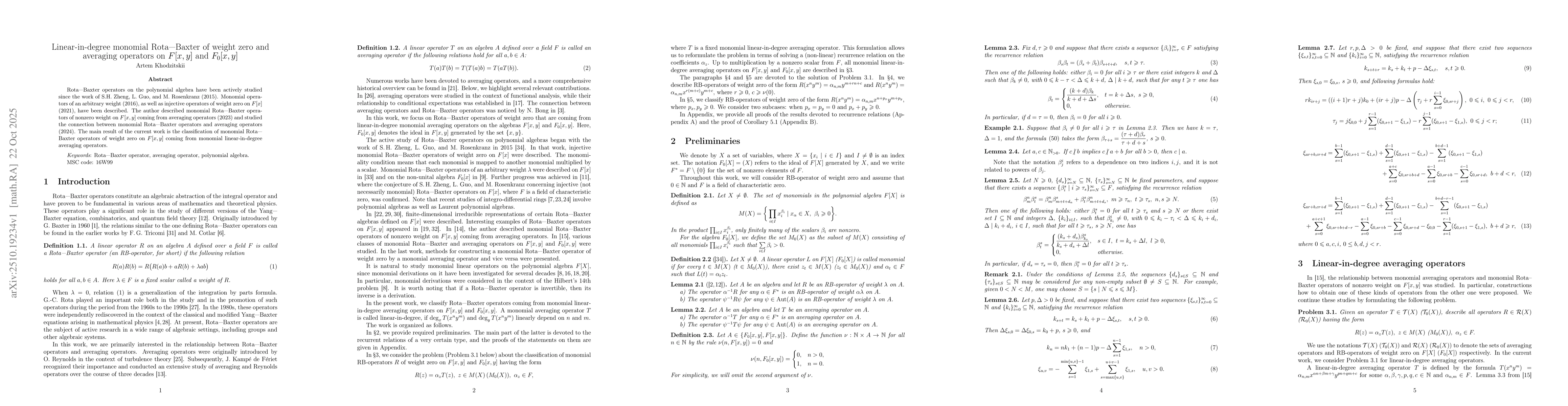 Thumbnail for Linear-in-degree monomial Rota-Baxter of weight zero and averaging
  operators on $F[x, y]$ and $F_0[x, y]$