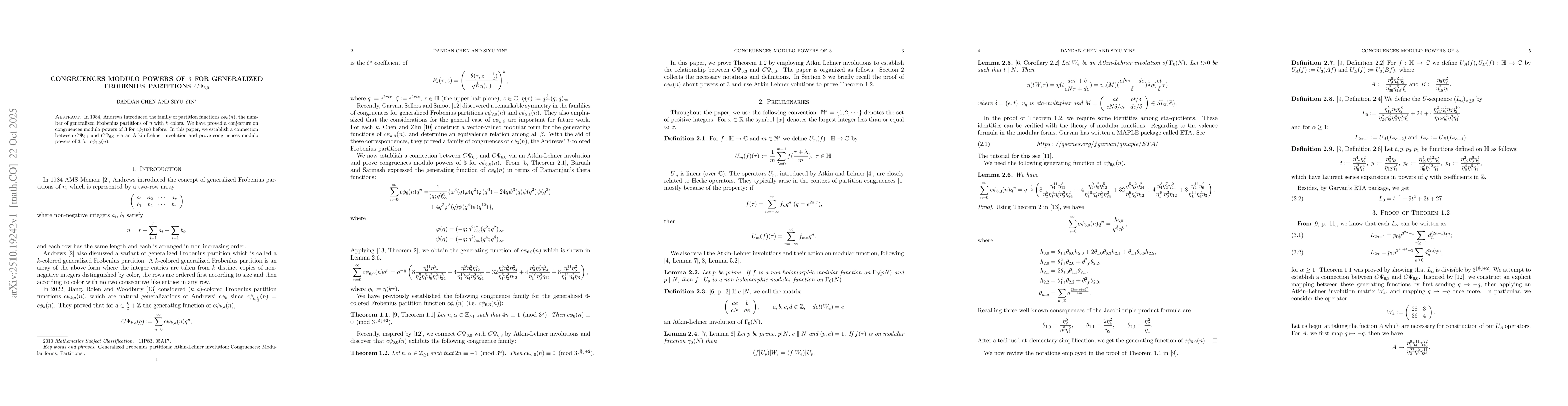 Thumbnail for Congruences modulo powers of $3$ for generalized Frobenius partitions
  $CΨ_{6,0}$