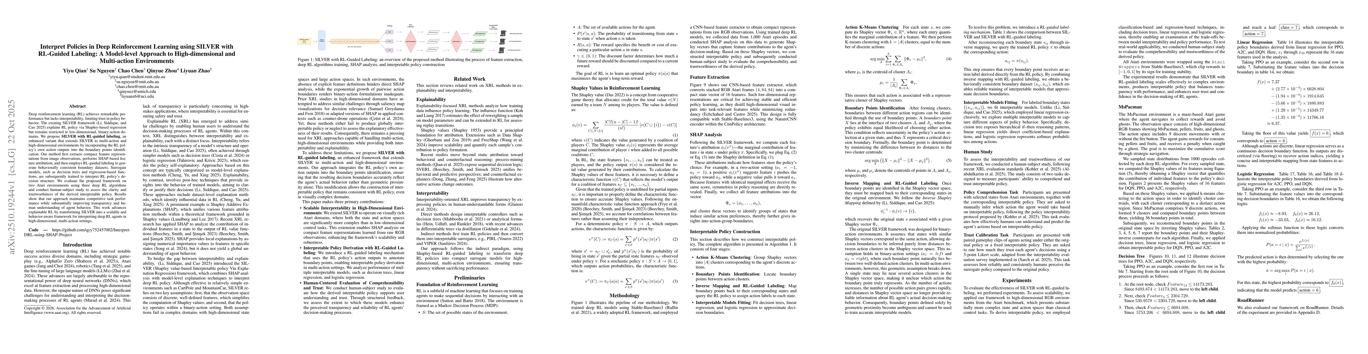 Thumbnail for Interpret Policies in Deep Reinforcement Learning using SILVER with
  RL-Guided Labeling: A Model-level Approach to High-dimensional and
  Multi-action Environments