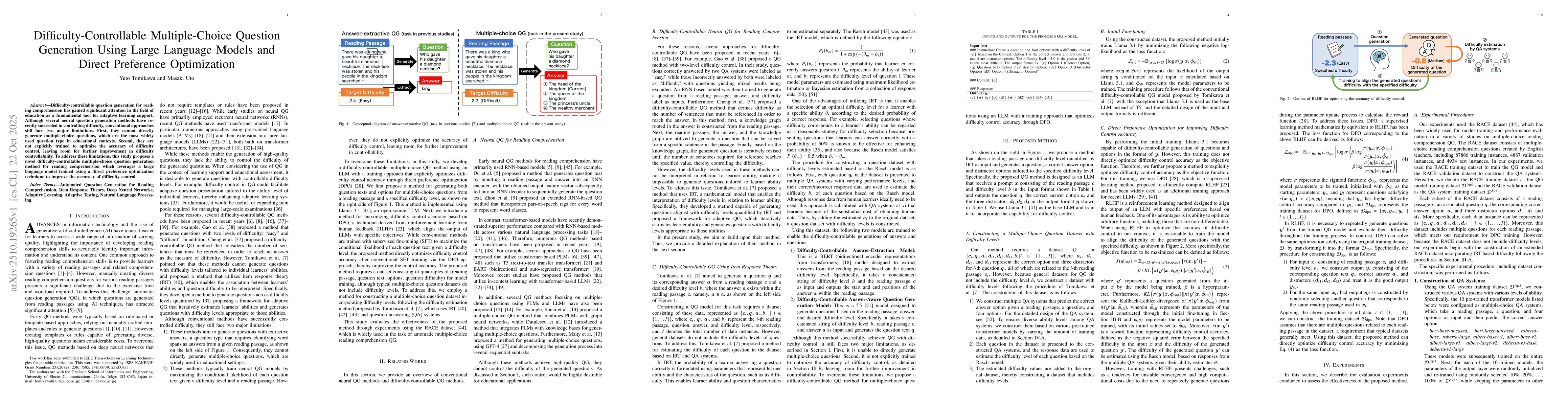 Thumbnail for Difficulty-Controllable Multiple-Choice Question Generation Using Large
  Language Models and Direct Preference Optimization