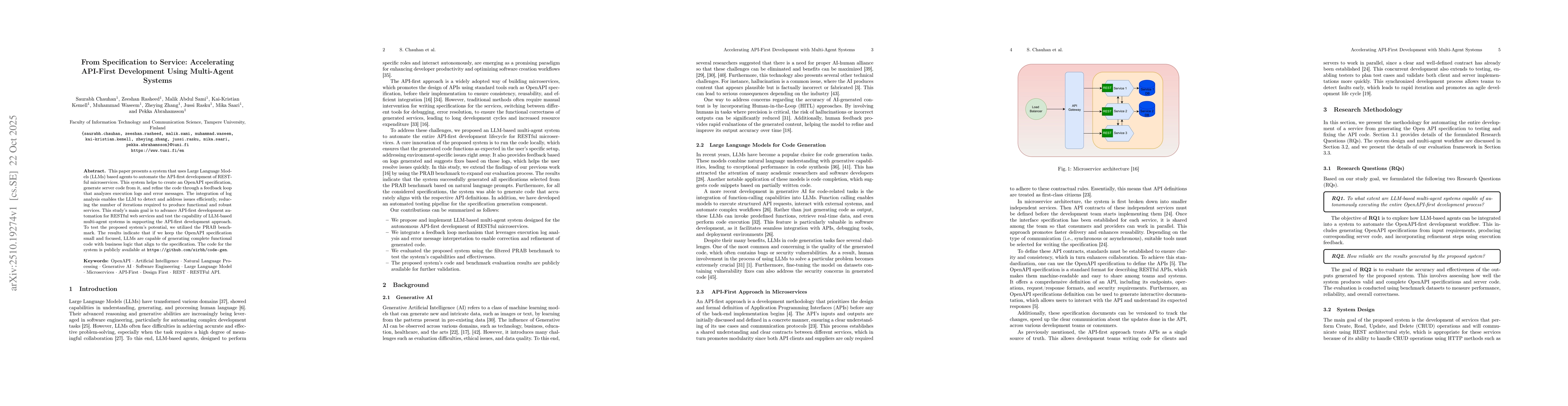 Thumbnail for From Specification to Service: Accelerating API-First Development Using
  Multi-Agent Systems