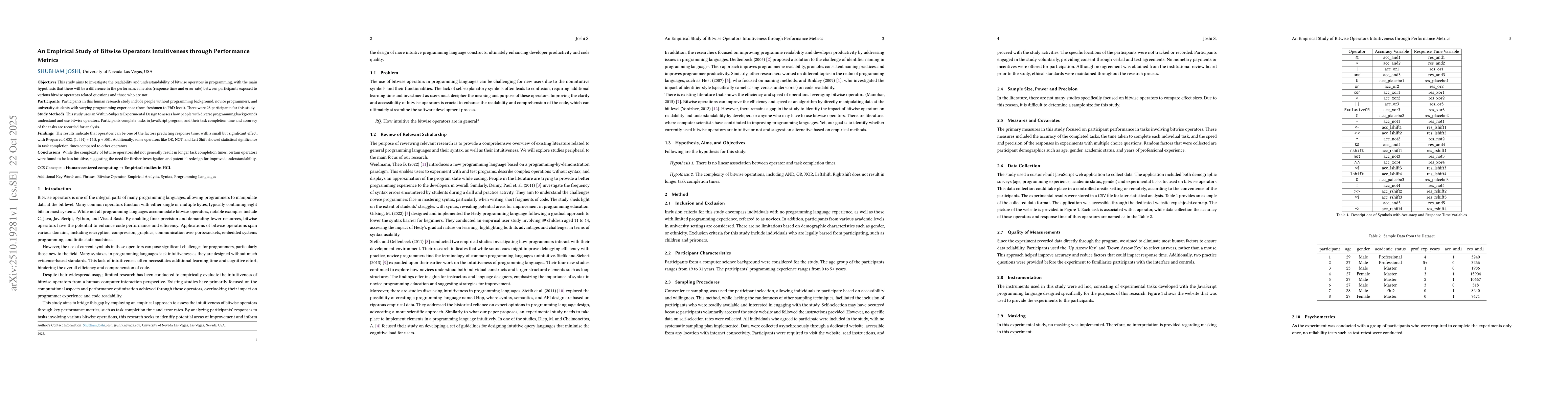 Thumbnail for An Empirical Study of Bitwise Operators Intuitiveness through
  Performance Metrics