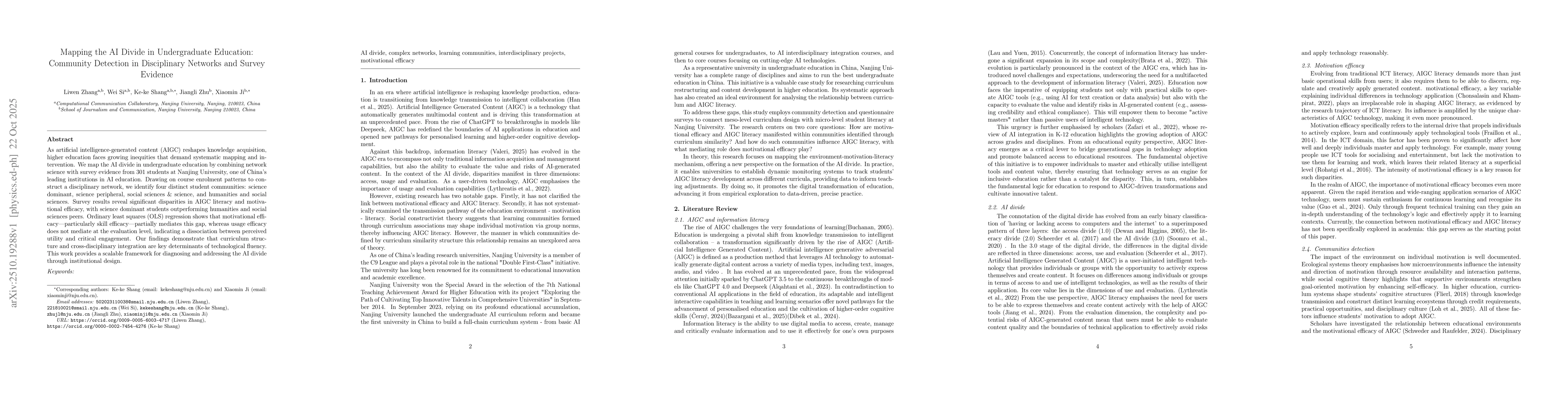 Thumbnail for Mapping the AI Divide in Undergraduate Education: Community Detection in
  Disciplinary Networks and Survey Evidence