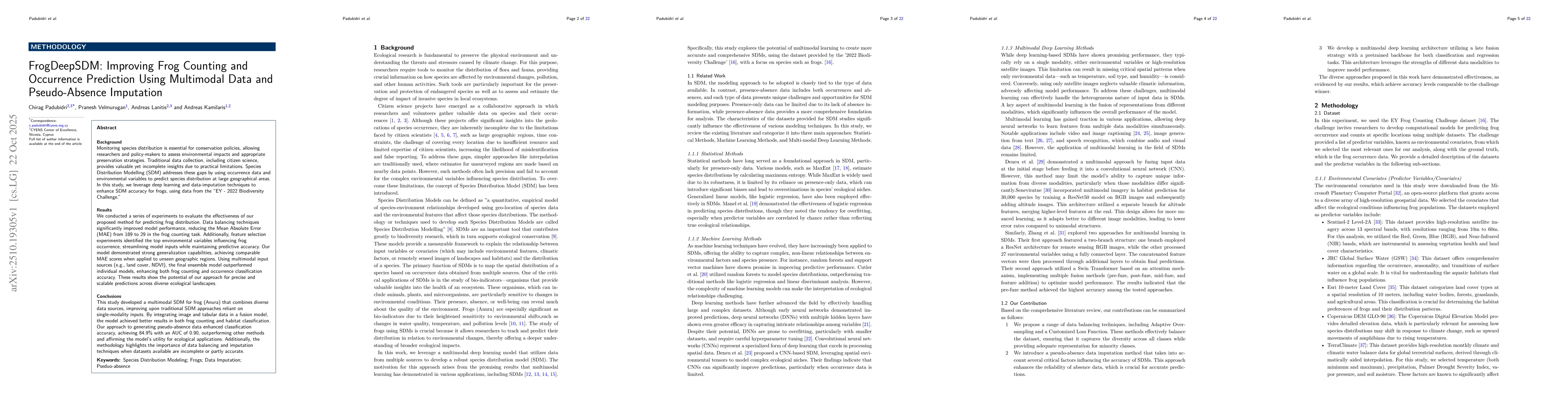 Thumbnail for FrogDeepSDM: Improving Frog Counting and Occurrence Prediction Using
  Multimodal Data and Pseudo-Absence Imputation