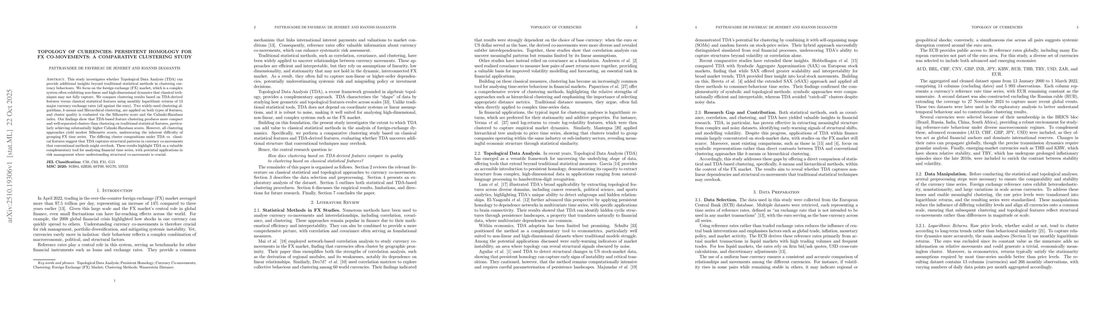 Thumbnail for Topology of Currencies: Persistent Homology for FX Co-movements: A
  Comparative Clustering Study