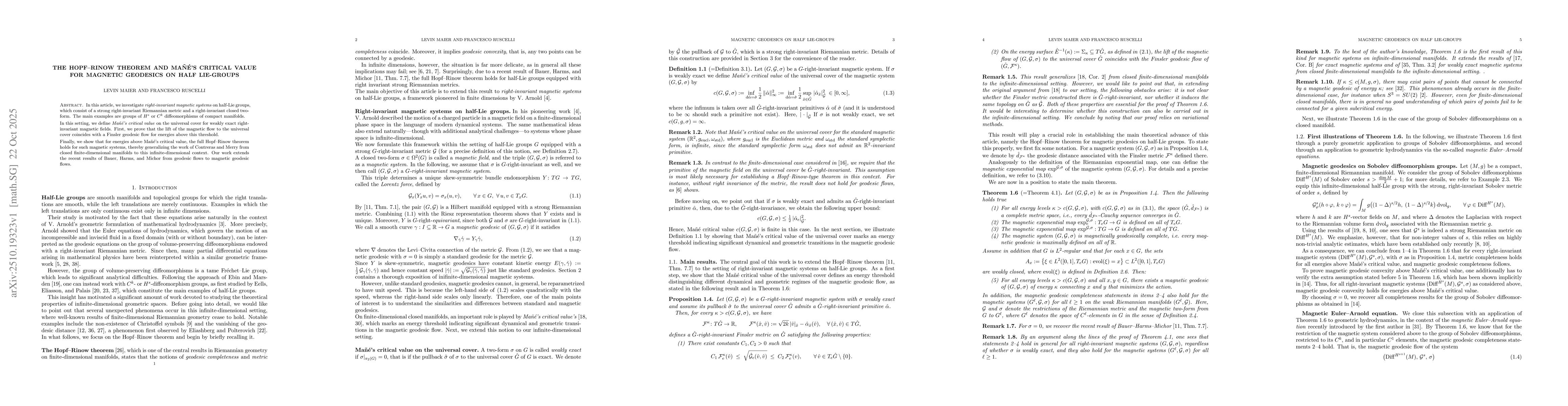 Thumbnail for The Hopf--Rinow Theorem and Mañé's Critical Value for Magnetic
  Geodesics on Half Lie-Groups