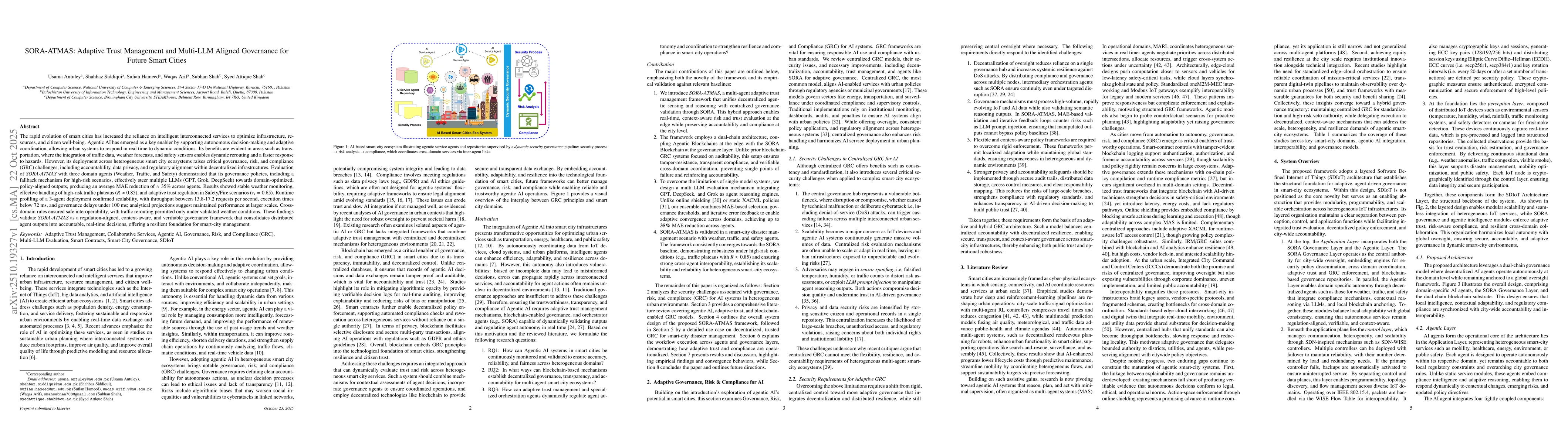 Thumbnail for SORA-ATMAS: Adaptive Trust Management and Multi-LLM Aligned Governance
  for Future Smart Cities