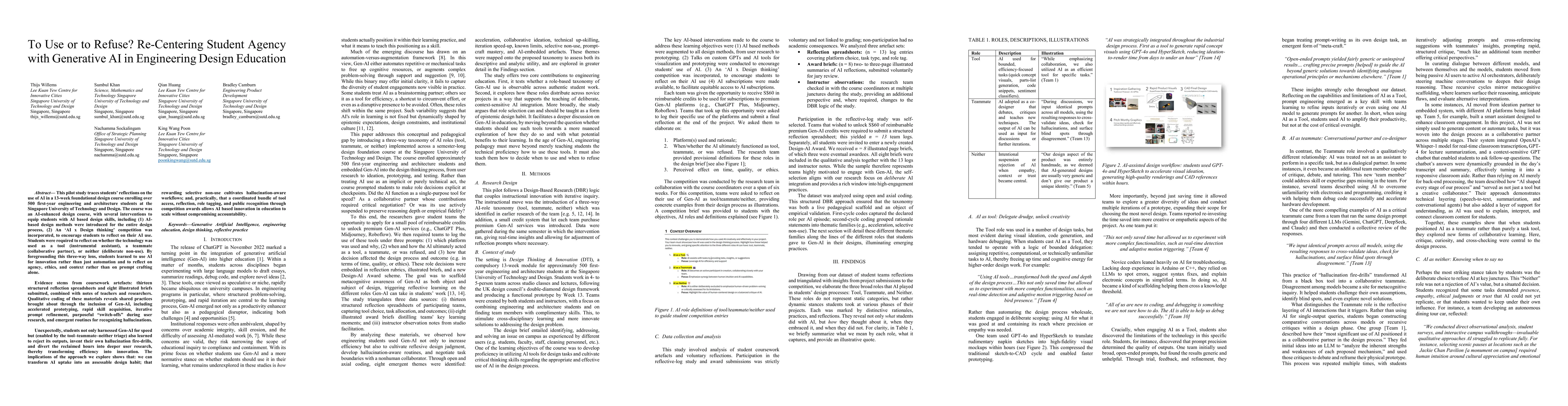 Thumbnail for To Use or to Refuse? Re-Centering Student Agency with Generative AI in
  Engineering Design Education