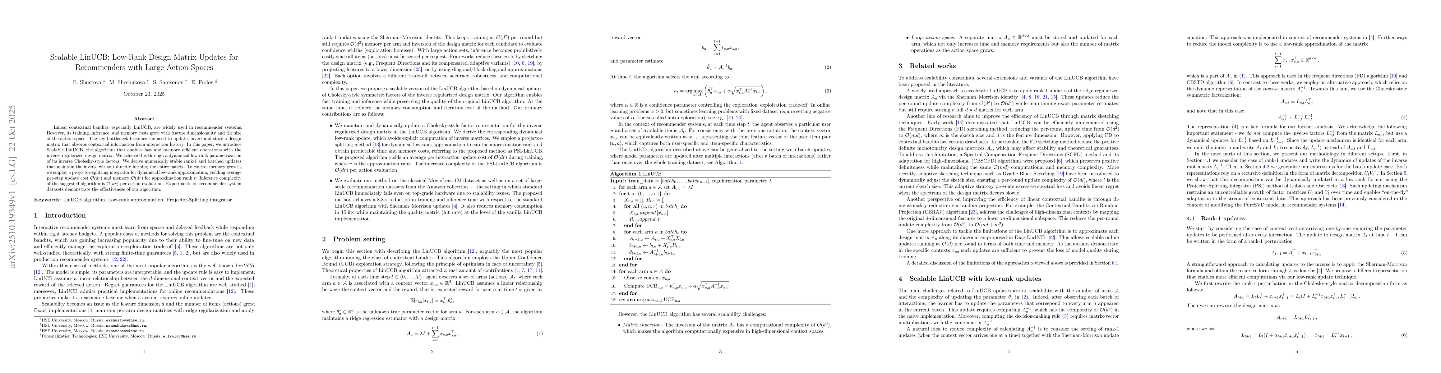 Thumbnail for Scalable LinUCB: Low-Rank Design Matrix Updates for Recommenders with
  Large Action Spaces