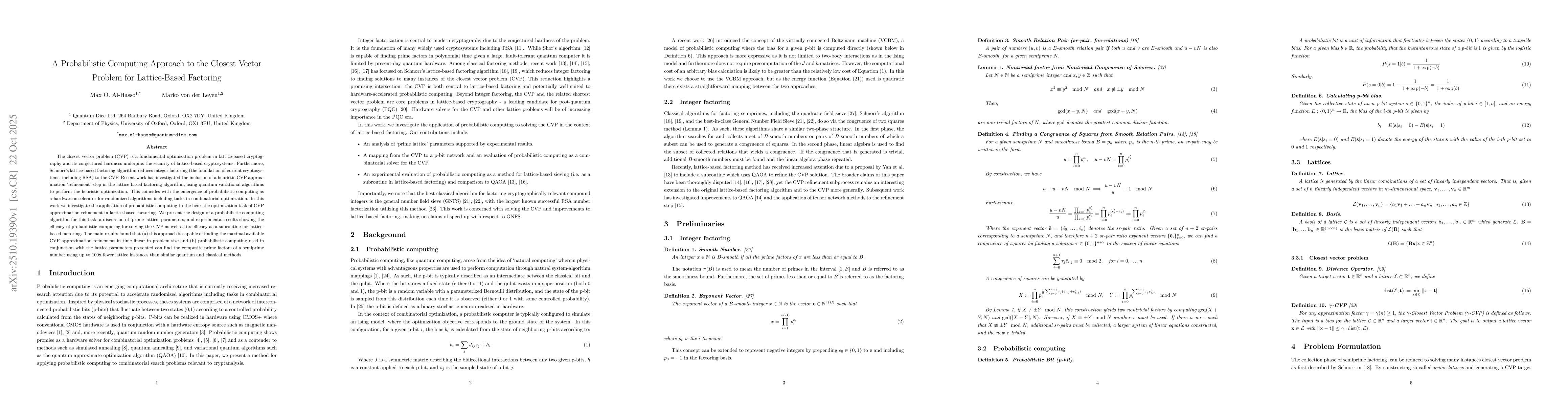 Thumbnail for A Probabilistic Computing Approach to the Closest Vector Problem for
  Lattice-Based Factoring