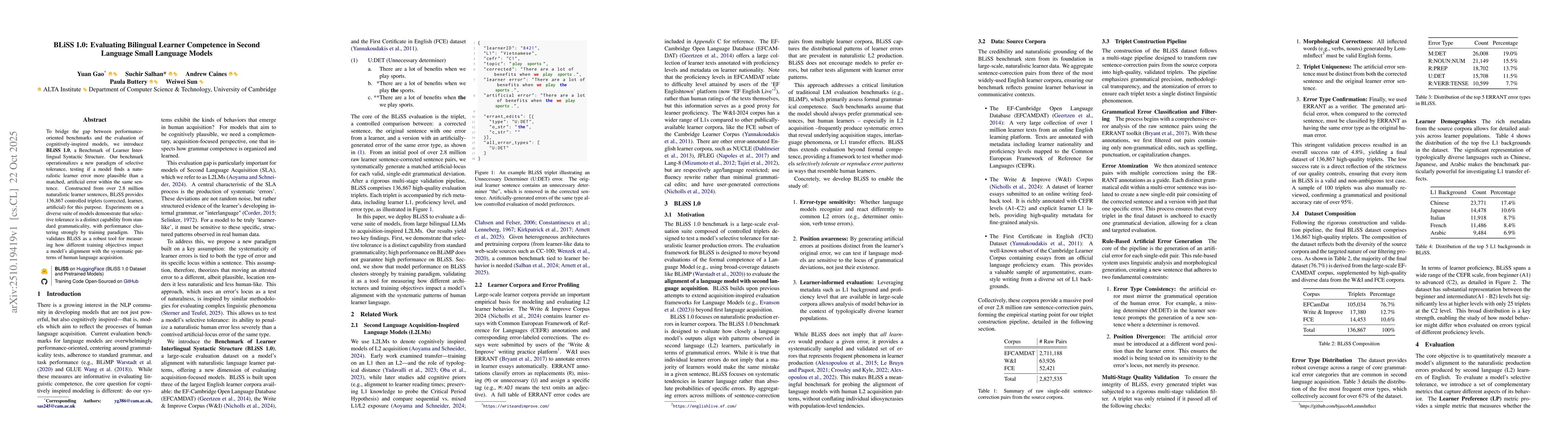 Thumbnail for BLiSS 1.0: Evaluating Bilingual Learner Competence in Second Language
  Small Language Models