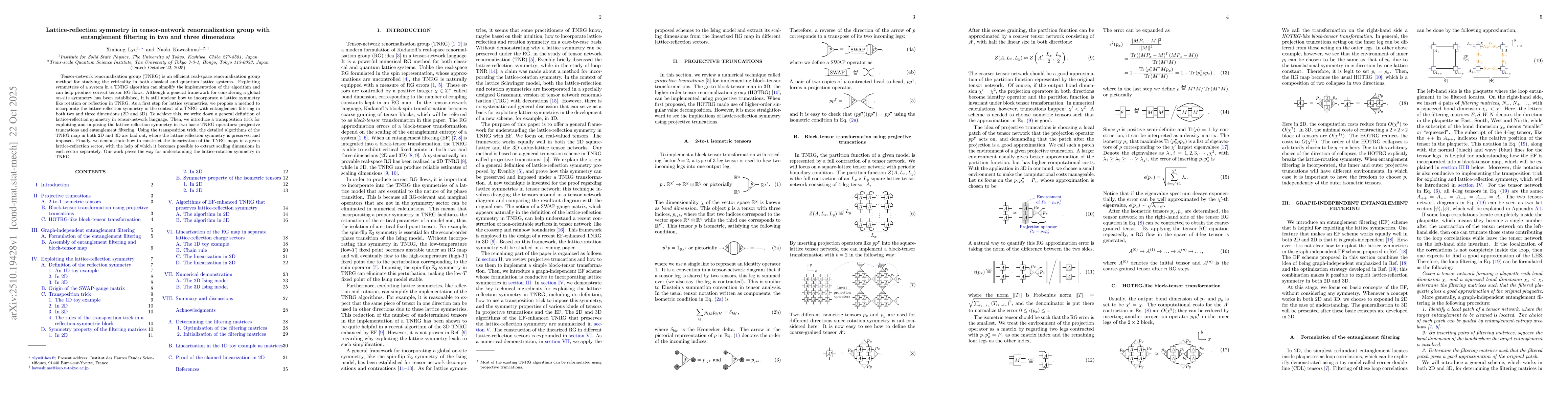 Thumbnail for Lattice-reflection symmetry in tensor-network renormalization group with
  entanglement filtering in two and three dimensions