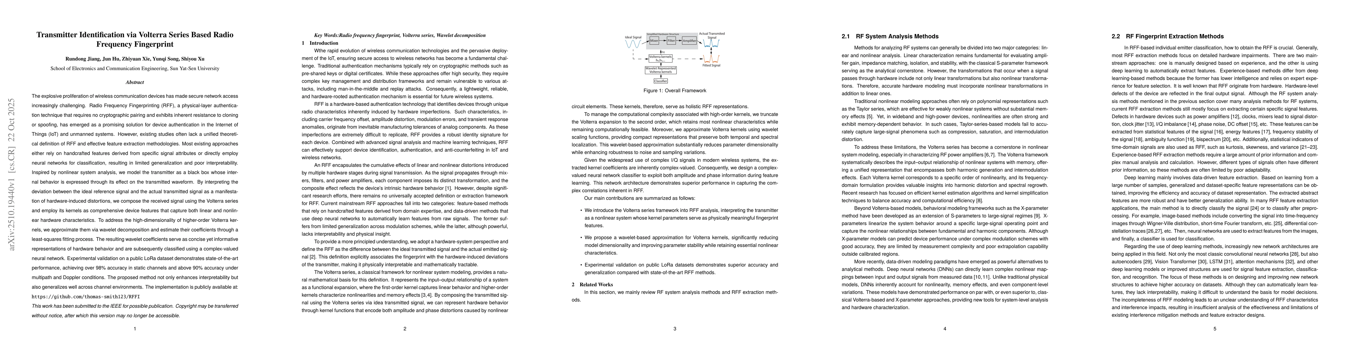 Thumbnail for Transmitter Identification via Volterra Series Based Radio Frequency
  Fingerprint