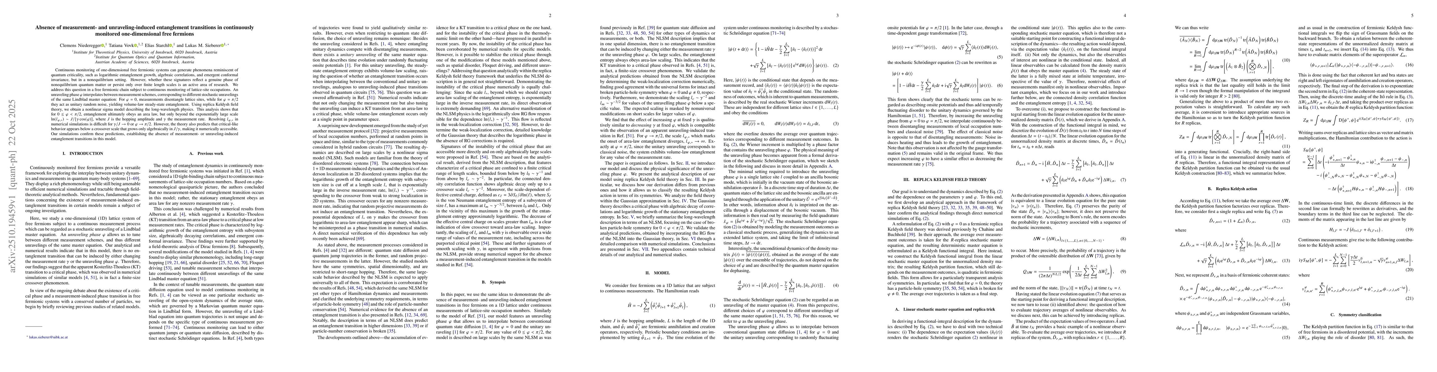 Thumbnail for Absence of measurement- and unraveling-induced entanglement transitions
  in continuously monitored one-dimensional free fermions