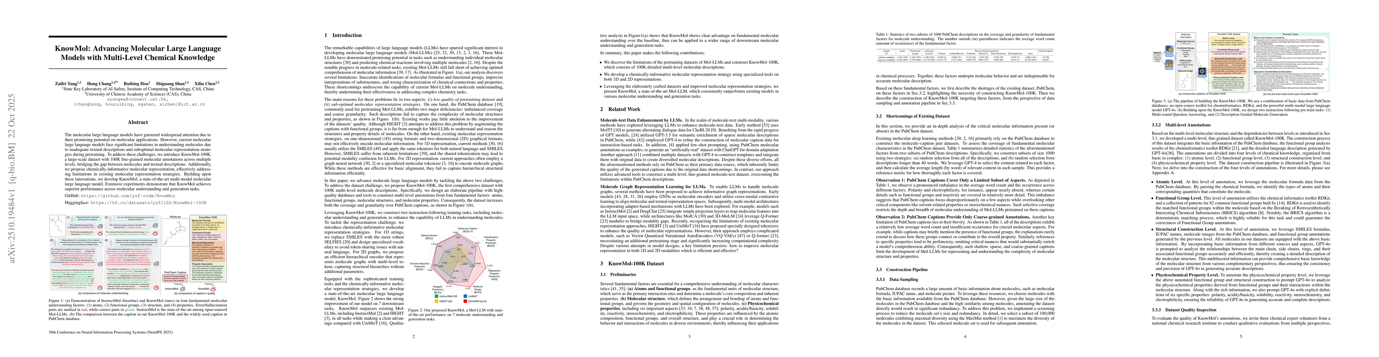 Thumbnail for KnowMol: Advancing Molecular Large Language Models with Multi-Level
  Chemical Knowledge
