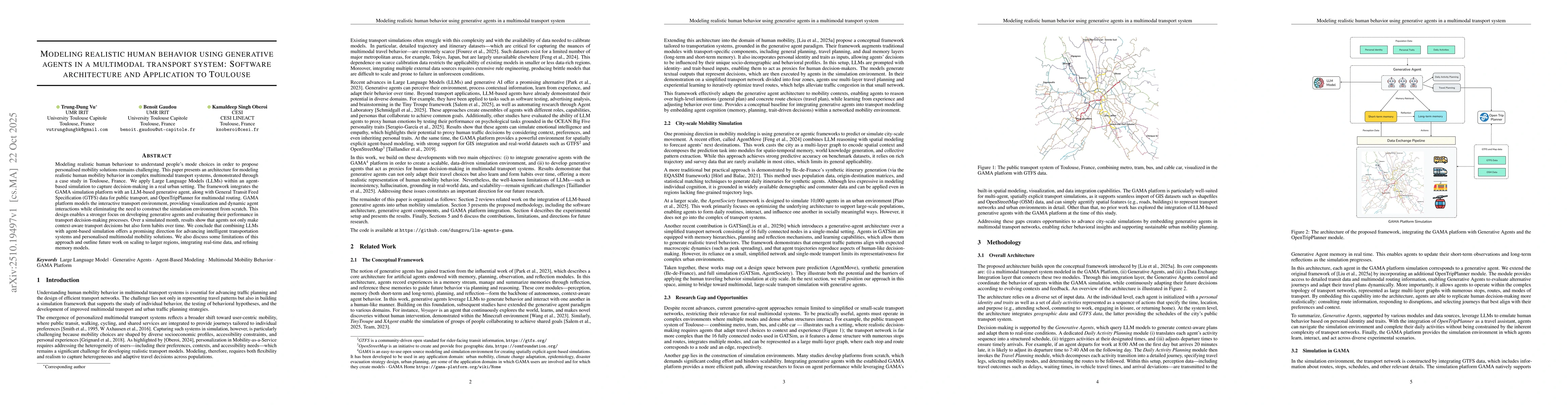 Thumbnail for Modeling realistic human behavior using generative agents in a
  multimodal transport system: Software architecture and Application to
  Toulouse