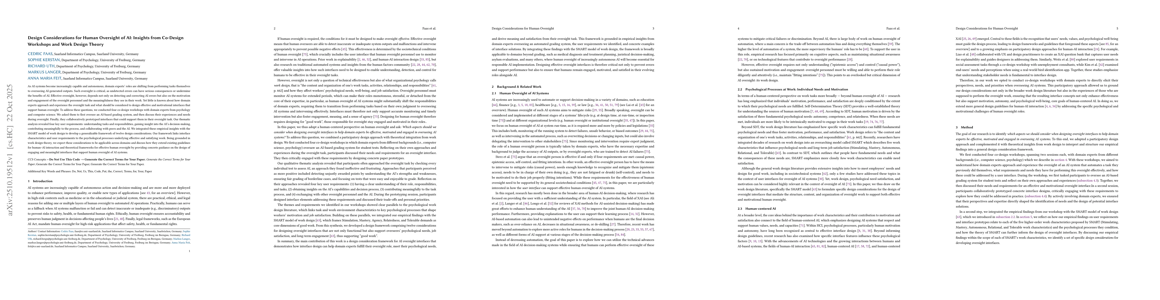 Thumbnail for Design Considerations for Human Oversight of AI: Insights from Co-Design
  Workshops and Work Design Theory