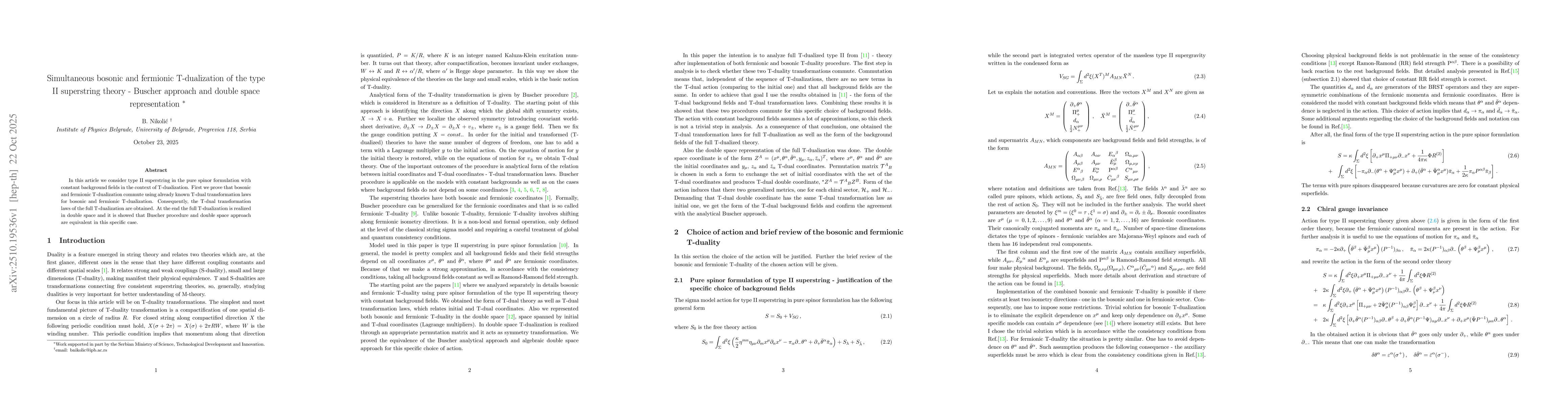 Thumbnail for Simultaneous bosonic and fermionic T-dualization of the type II
  superstring theory - Buscher approach and double space representation
