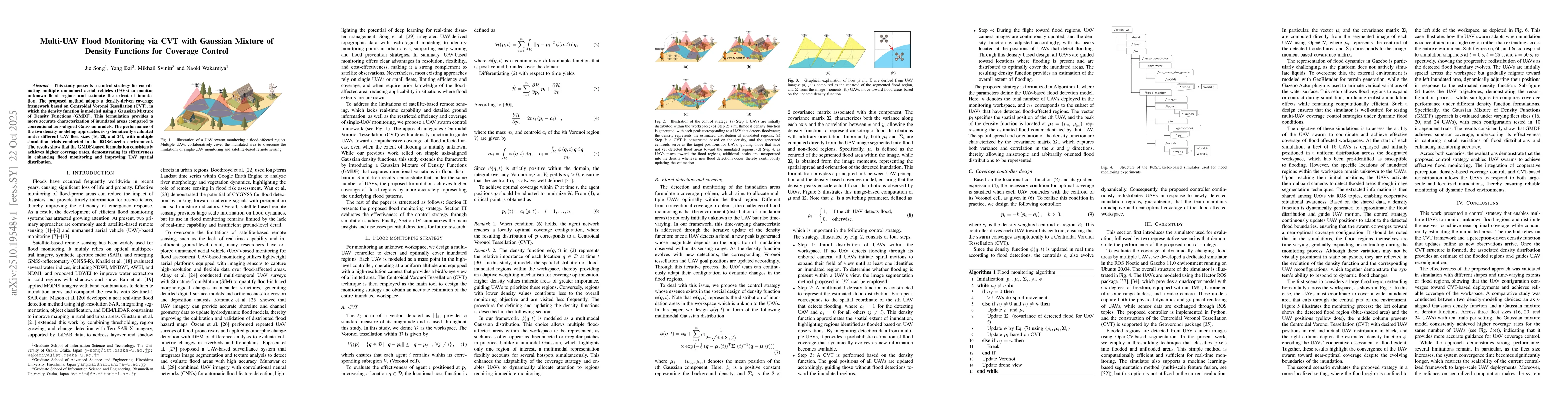 Thumbnail for Multi-UAV Flood Monitoring via CVT with Gaussian Mixture of Density
  Functions for Coverage Control