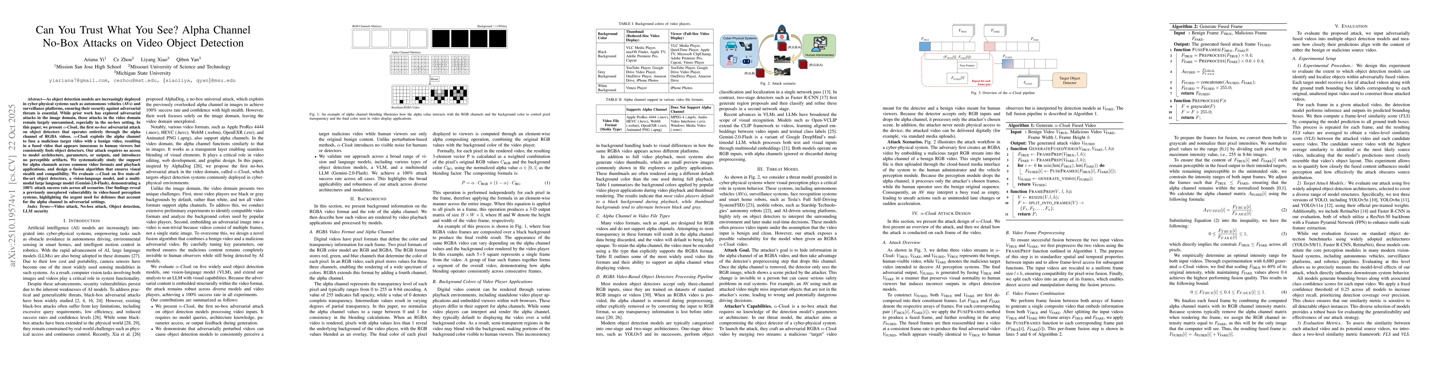 Thumbnail for Can You Trust What You See? Alpha Channel No-Box Attacks on Video Object
  Detection