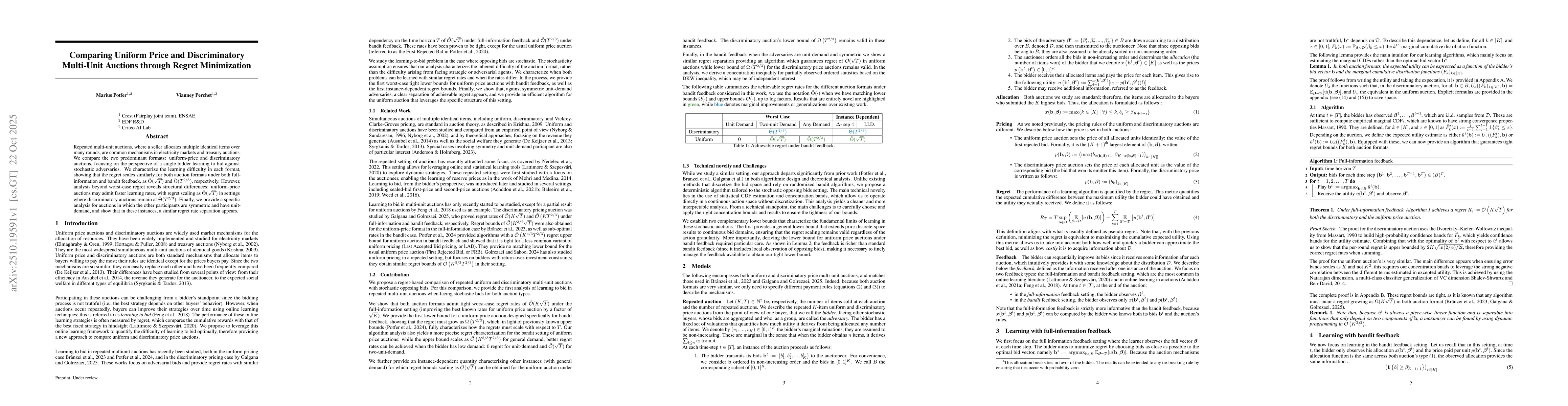 Thumbnail for Comparing Uniform Price and Discriminatory Multi-Unit Auctions through
  Regret Minimization