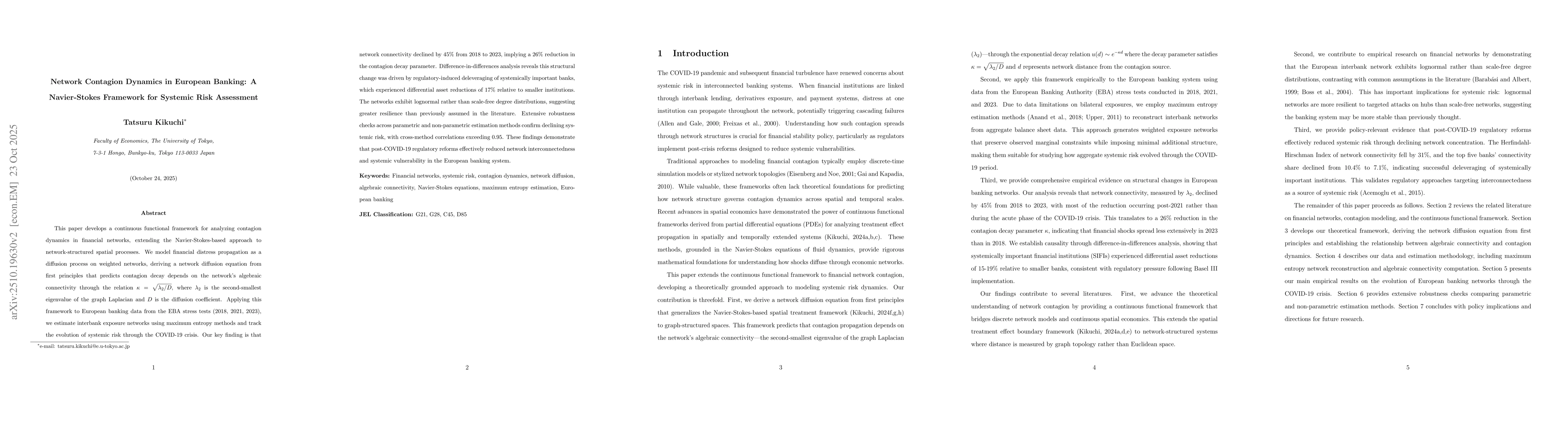 Thumbnail for Network Contagion Dynamics in European Banking: A Navier-Stokes
  Framework for Systemic Risk Assessment